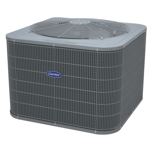 The image displays a gray Carrier-brand outdoor central air conditioning unit, commonly used in residential or commercial buildings for climate control.