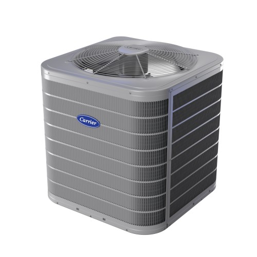 This is a Carrier brand central air conditioning unit for residential or commercial use with a grey exterior and a prominent fan on the top.
