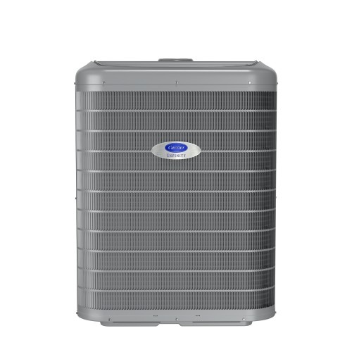 This is an image of a gray Carrier brand central air conditioning unit for residential heating and cooling, standing upright with a logo displayed at the front center.