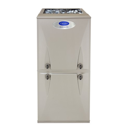 This is an image of a beige Carrier Infinity furnace. It has a sleek design with a prominent logo, a top vent, and two access panels.