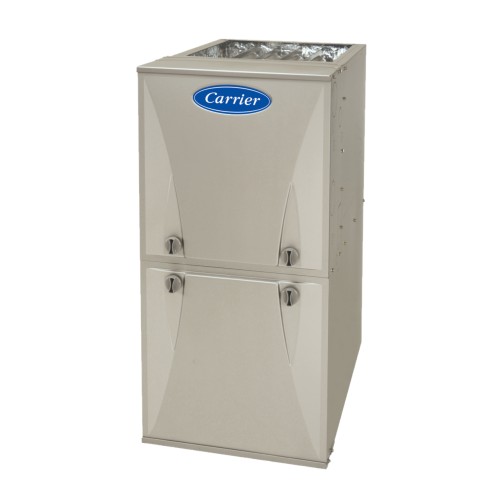 This is an image of a Carrier brand furnace, a home heating appliance, with a beige casing and a prominent company logo on the top.
