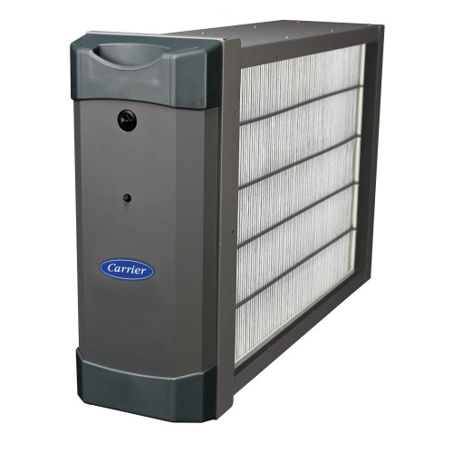 The image shows a gray Carrier brand air purifier with a large HEPA filter on its side, designed for improving indoor air quality.