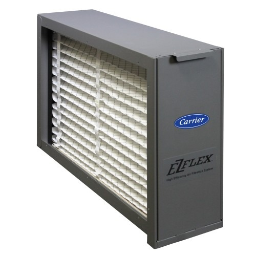 This image shows a gray Carrier brand air filter system labeled "EZ Flex." It has a large, visible white accordion-style filter inside a metal housing.