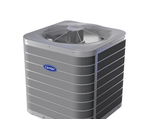 The image shows a Carrier brand HVAC outdoor unit, a central air conditioner, with a fan on top and grey protective metal casing on the sides.