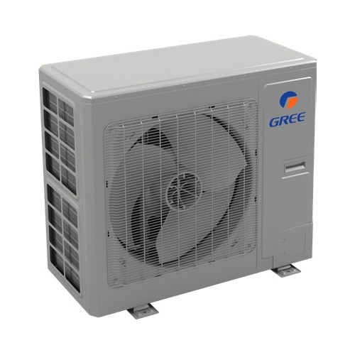 This is an image of a gray Gree brand outdoor air conditioning unit with a large fan, vents, and logo visible on the side.