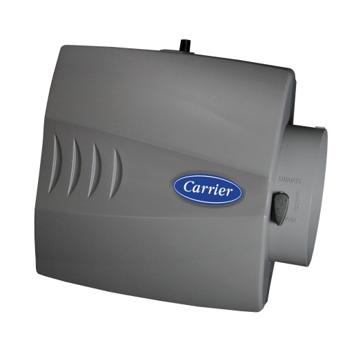 This image displays a gray Carrier brand air purifier with a distinctive logo. The unit has a rounded design and vents on the side.