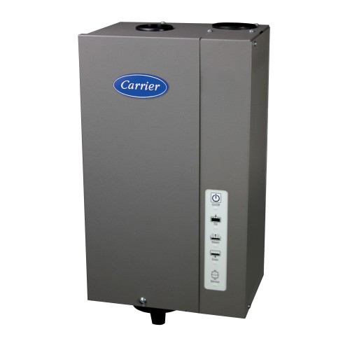 This image shows a Carrier brand furnace. It's a gray rectangular unit with a front control panel, brand logo, and circular vents on top.
