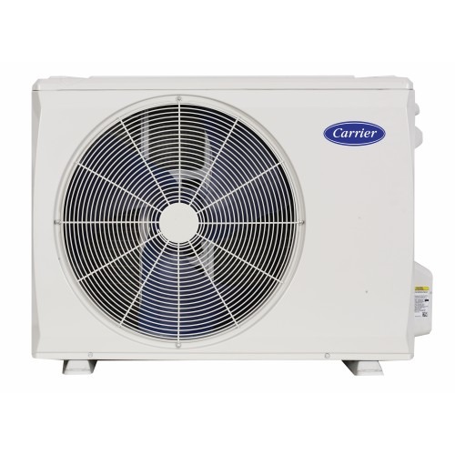 This is an image of a Carrier brand air conditioner outdoor unit. It shows a large fan within a metal casing used for climate control.