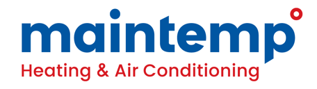 The image is a logo that reads "maintemp Heating & Air Conditioning" in blue and red letters, with a small red circle above the 'i' in "maintemp".