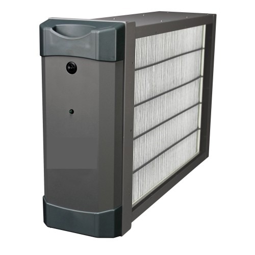 This is an image of a standalone air purifier with a large rectangular filter. It has a dark gray body with a lighter gray front panel.