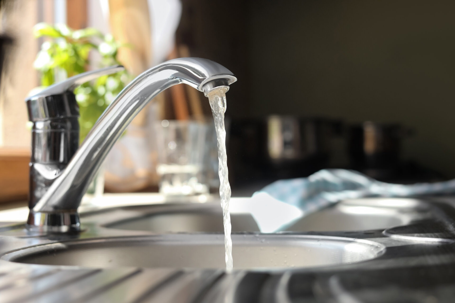 A stream of water flows from a silver kitchen faucet into a stainless steel sink, with natural light illuminating the scene and plant in the background.