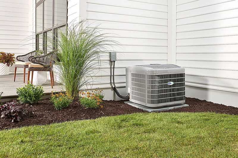 An air conditioning unit sits beside a house with white siding, near a landscaped area with plants and a patio with wicker furniture.