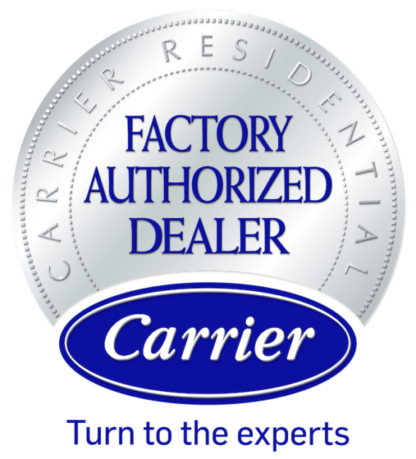 The image shows a logo with text "Carrier Factory Authorized Dealer" and "Turn to the experts" around the brand name "Carrier" on a green background.